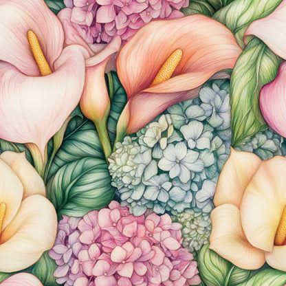 pastel colors, calla lilies, hydrangeas, floral pattern, botanical illustration, pink petals, coral blooms, white flowers, purple hydrangeas, green leaves, quilting cotton, fabric panel, realistic flowers, soft pastels, garden flowers, detailed artwork, nature motifs, spring florals, delicate blooms