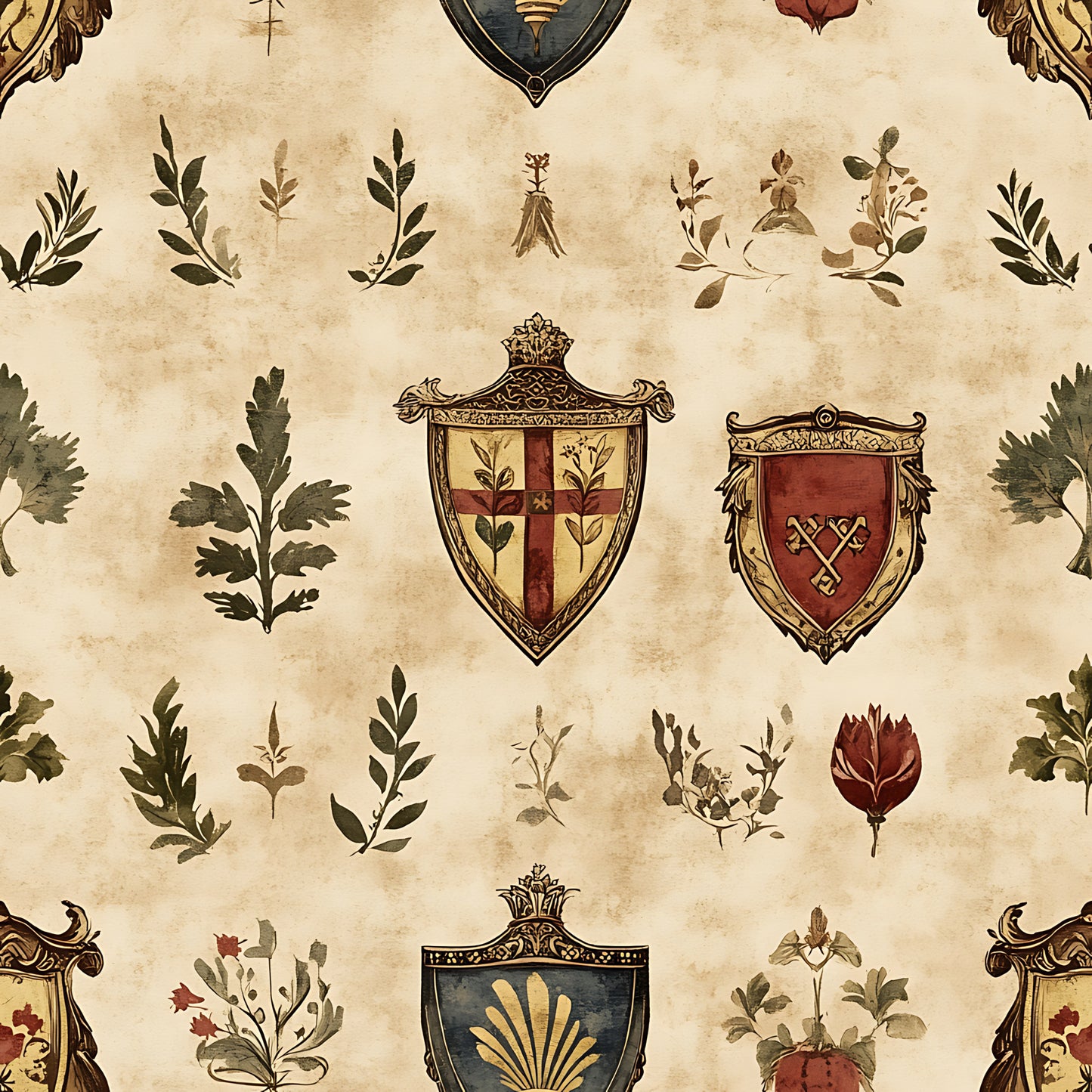 beige, cream, brown, rust red, gold, heraldic shields, coat of arms, botanical elements, leaves, branches, medieval style, vintage aesthetic, ornate borders, decorative crests, quilting cotton, fabric panel, rustic design, antique finish, german motifs, earthy tones