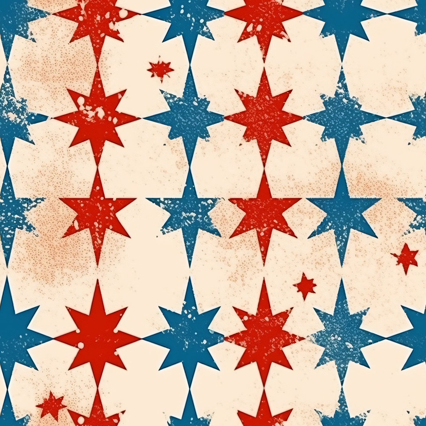 red, blue, cream, beige, patriotic stars, eight-pointed stars, distressed texture, vintage weathered, alternating pattern, geometric design, americana theme, quilting cotton, fabric panel, grunge effect, worn appearance, star motif, repeating pattern, rustic finish, faded look, textured surface