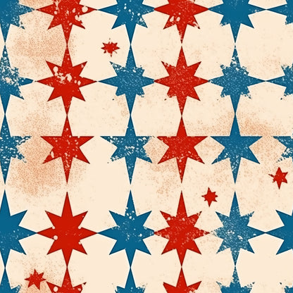red, blue, cream, beige, patriotic stars, eight-pointed stars, distressed texture, vintage weathered, alternating pattern, geometric design, americana theme, quilting cotton, fabric panel, grunge effect, worn appearance, star motif, repeating pattern, rustic finish, faded look, textured surface