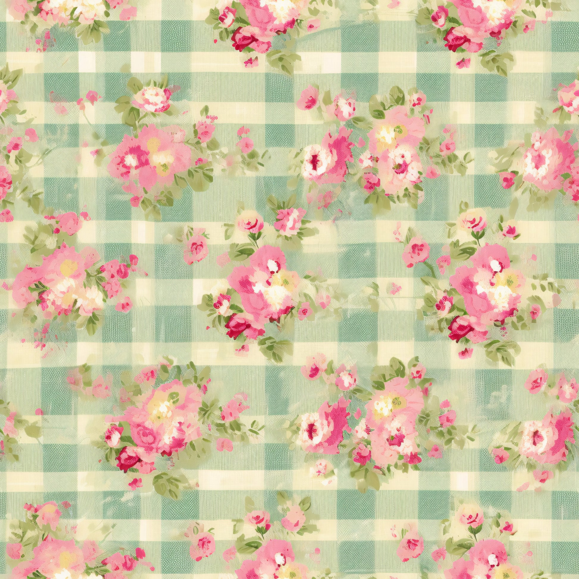 sage green, cream, pink roses, floral bouquets, gingham check, plaid background, vintage flowers, cottage core, shabby chic, quilting cotton, fabric panel, romantic florals, pastel blooms, country style, soft colors, rose clusters, checkered pattern, feminine design, spring flowers