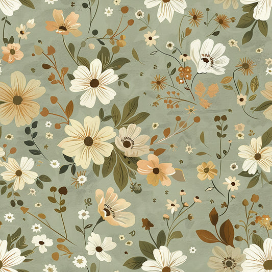 sage green, cream flowers, peach blossoms, olive leaves, brown centers, cottagecore, vintage floral, botanical pattern, quilting cotton, fabric panel, wildflowers, daisy-like blooms, earthy tones, romantic florals, scattered blossoms, delicate stems, muted pastels, whimsical garden, folk art style, seamless repeat