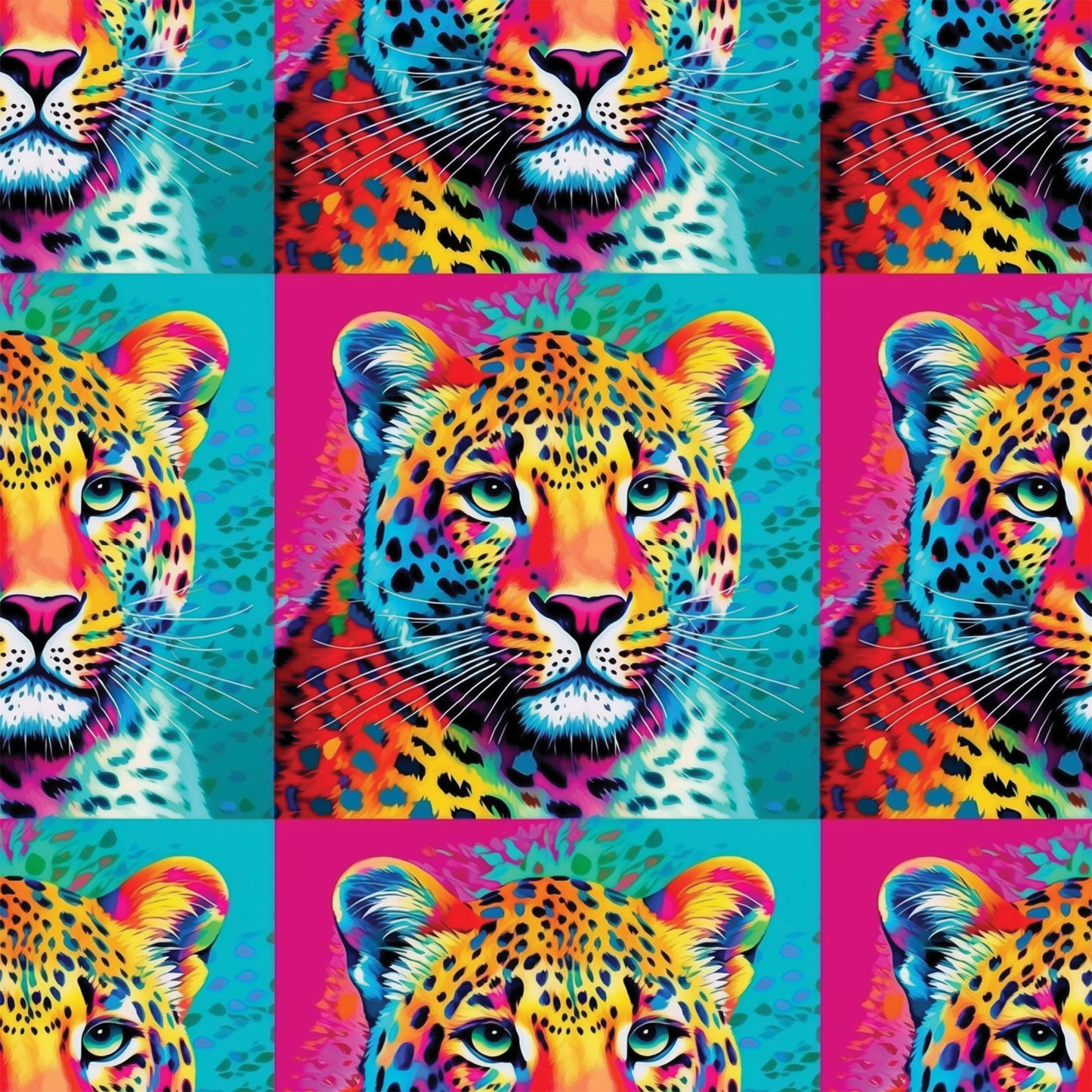 leopard faces, big cat, vibrant neon, electric blue, hot pink, bright yellow, orange, turquoise, pop art style, animal portrait, spotted pattern, whiskers, green eyes, psychedelic colors, rainbow gradient, wildlife motif, quilting cotton, fabric panel, contemporary art, digital print