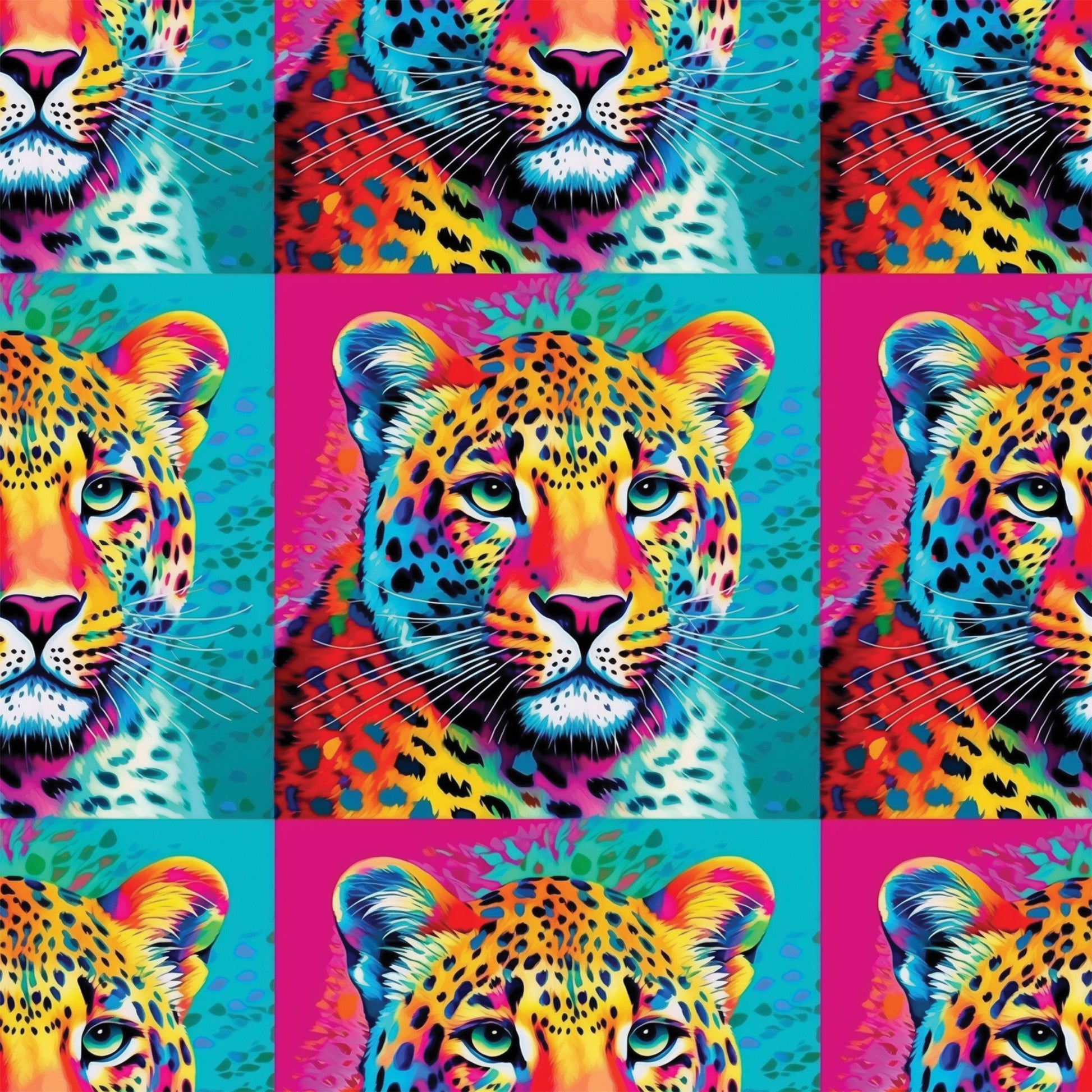 leopard faces, big cat, vibrant neon, electric blue, hot pink, bright yellow, orange, turquoise, pop art style, animal portrait, spotted pattern, whiskers, green eyes, psychedelic colors, rainbow gradient, wildlife motif, quilting cotton, fabric panel, contemporary art, digital print