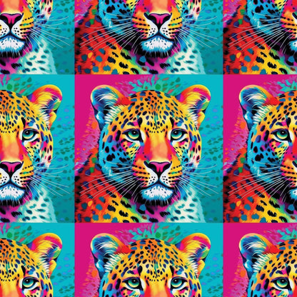leopard faces, big cat, vibrant neon, electric blue, hot pink, bright yellow, orange, turquoise, pop art style, animal portrait, spotted pattern, whiskers, green eyes, psychedelic colors, rainbow gradient, wildlife motif, quilting cotton, fabric panel, contemporary art, digital print