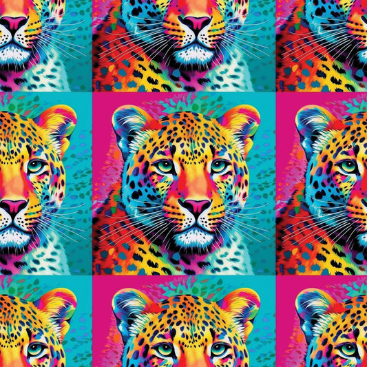leopard faces, big cat, vibrant neon, electric blue, hot pink, bright yellow, orange, turquoise, pop art style, animal portrait, spotted pattern, whiskers, green eyes, psychedelic colors, rainbow gradient, wildlife motif, quilting cotton, fabric panel, contemporary art, digital print