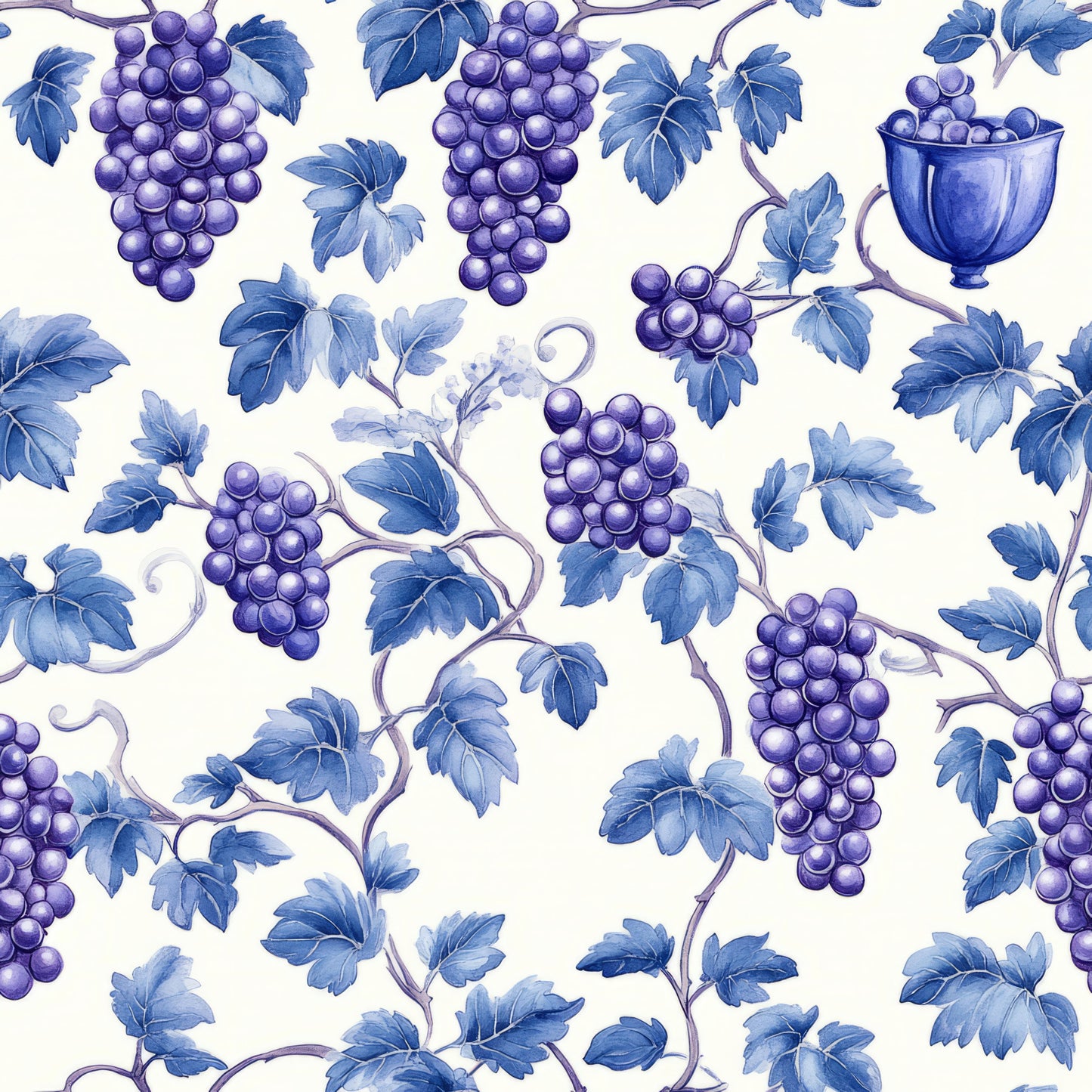 purple grapes, blue leaves, grape vines, wine chalice, botanical pattern, repeating motif, watercolor style, vineyard theme, quilting cotton, fabric panel, purple berries, grapevine branches, wine cup, fruit design, botanical illustration, cream background, vine leaves, grape clusters, wine theme, nature motifs