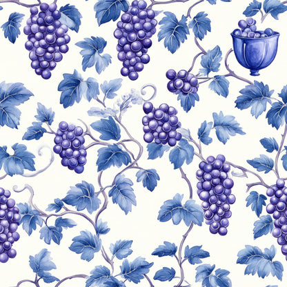 purple grapes, blue leaves, grape vines, wine chalice, botanical pattern, repeating motif, watercolor style, vineyard theme, quilting cotton, fabric panel, purple berries, grapevine branches, wine cup, fruit design, botanical illustration, cream background, vine leaves, grape clusters, wine theme, nature motifs