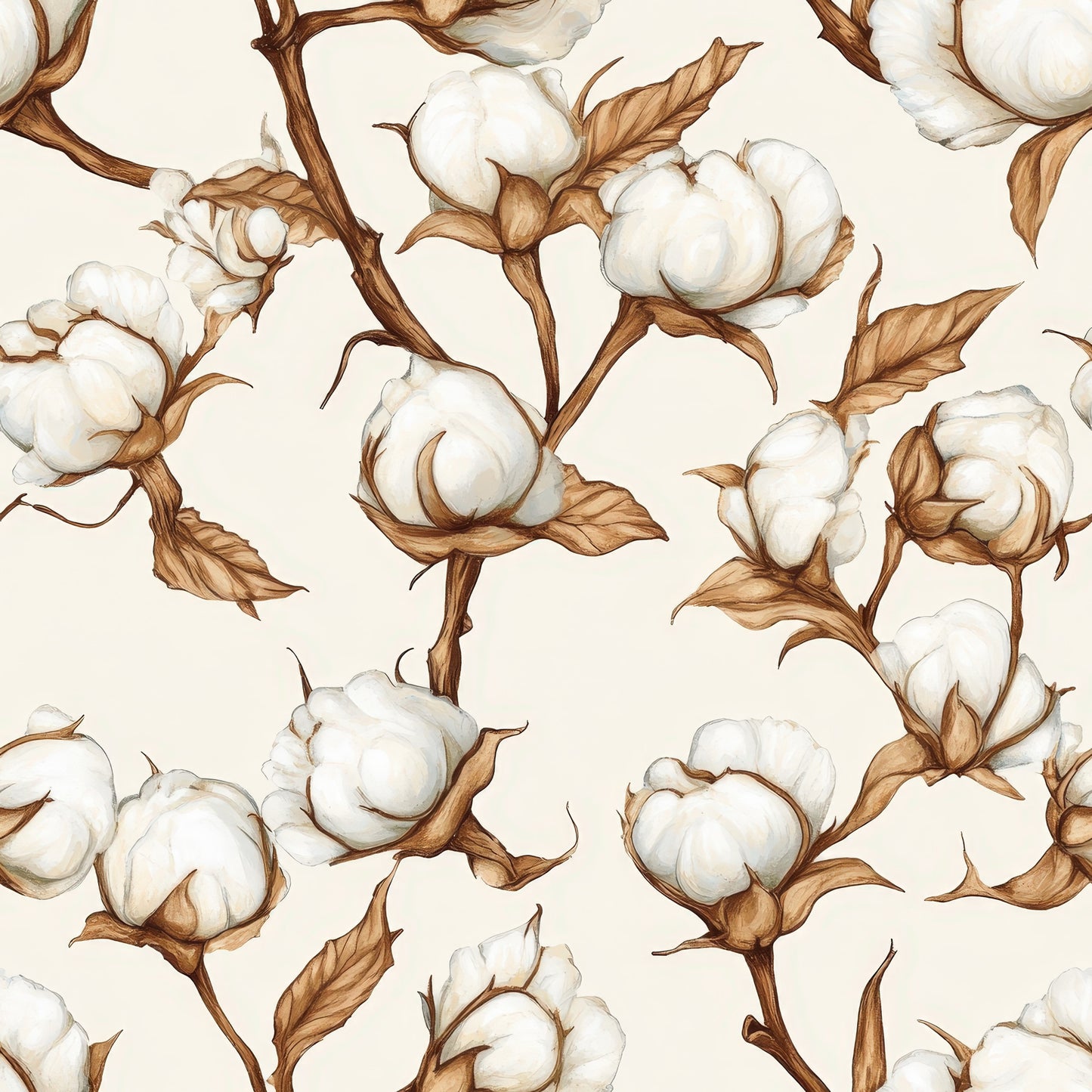 raw white, cream, beige, brown, cotton bolls, cotton plants, botanical pattern, natural fibers, floral design, vintage style, quilting cotton, fabric panel, seamless repeat, cotton blossoms, stems, leaves, organic motifs, neutral tones, farmhouse aesthetic, harvest theme
