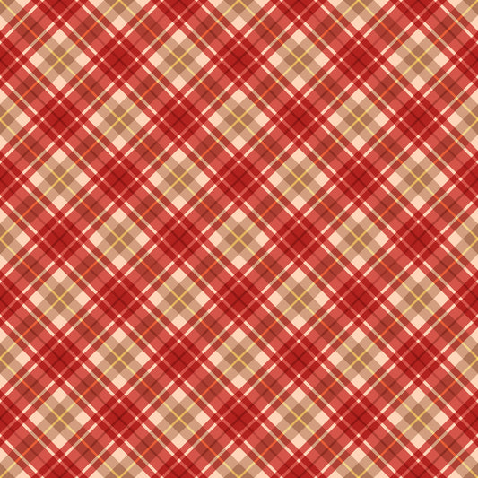 christmas plaid, red tartan, diagonal stripes, cream background, burgundy accents, golden yellow lines, white stripes, crosshatch pattern, holiday fabric, quilting cotton, geometric design, festive colors, textile panel, warm tones, intersecting lines, checkered motif, seasonal fabric, cotton material, craft supplies, patchwork design