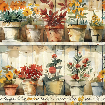 potted plants, watercolor style, autumn colors, orange flowers, red blooms, yellow daisies, terracotta pots, botanical illustration, garden theme, quilting cotton, fabric panel, warm tones, floral arrangement, greenhouse scene, rustic planters, fall foliage, craft fabric, nature motifs, vintage aesthetic