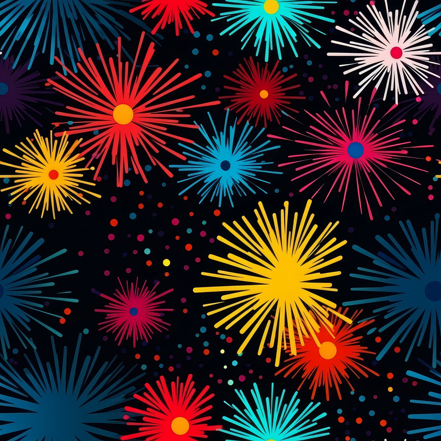 fireworks pattern, black background, bright colors, red fireworks, blue fireworks, yellow fireworks, pink fireworks, cyan bursts, colorful explosions, starburst design, celebration theme, festive pattern, quilting cotton, fabric panel, radiating lines, sparkle dots, night sky, party theme, geometric bursts, vibrant colors