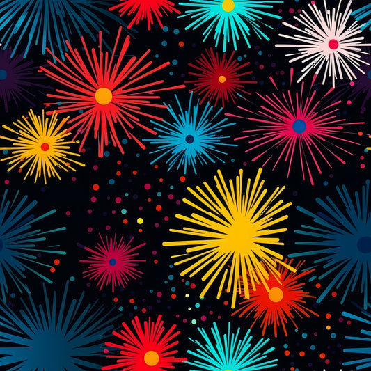 fireworks pattern, black background, bright colors, red fireworks, blue fireworks, yellow fireworks, pink fireworks, cyan bursts, colorful explosions, starburst design, celebration theme, festive pattern, quilting cotton, fabric panel, radiating lines, sparkle dots, night sky, party theme, geometric bursts, vibrant colors