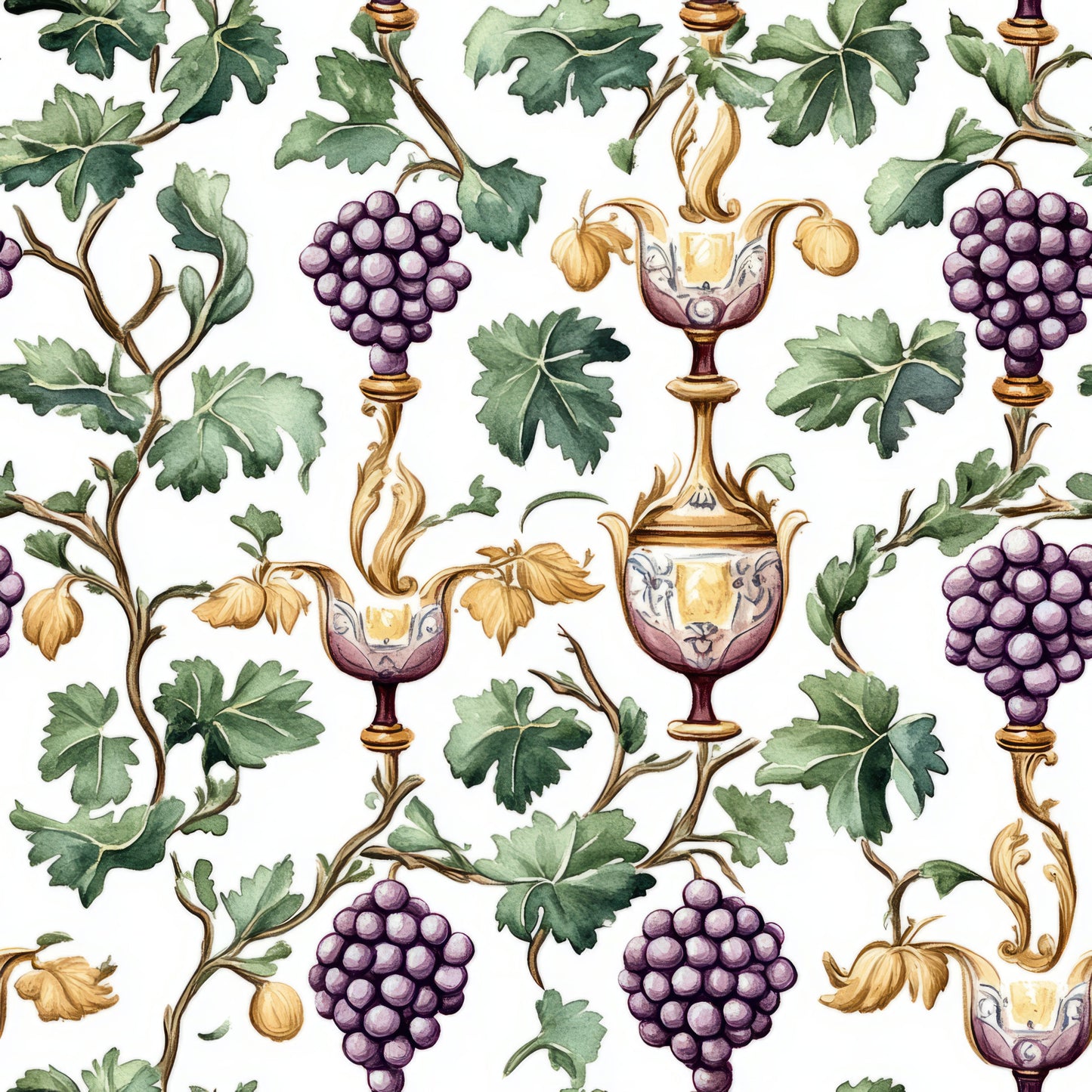 purple grapes, green leaves, wine goblets, grapevines, botanical pattern, watercolor style, white background, vineyard theme, ornate chalices, decorative scrollwork, quilting cotton, fabric panel, wine country, vintage vessels, grape clusters, foliage design, repeating pattern, elegant motifs, winery decor, golden accents