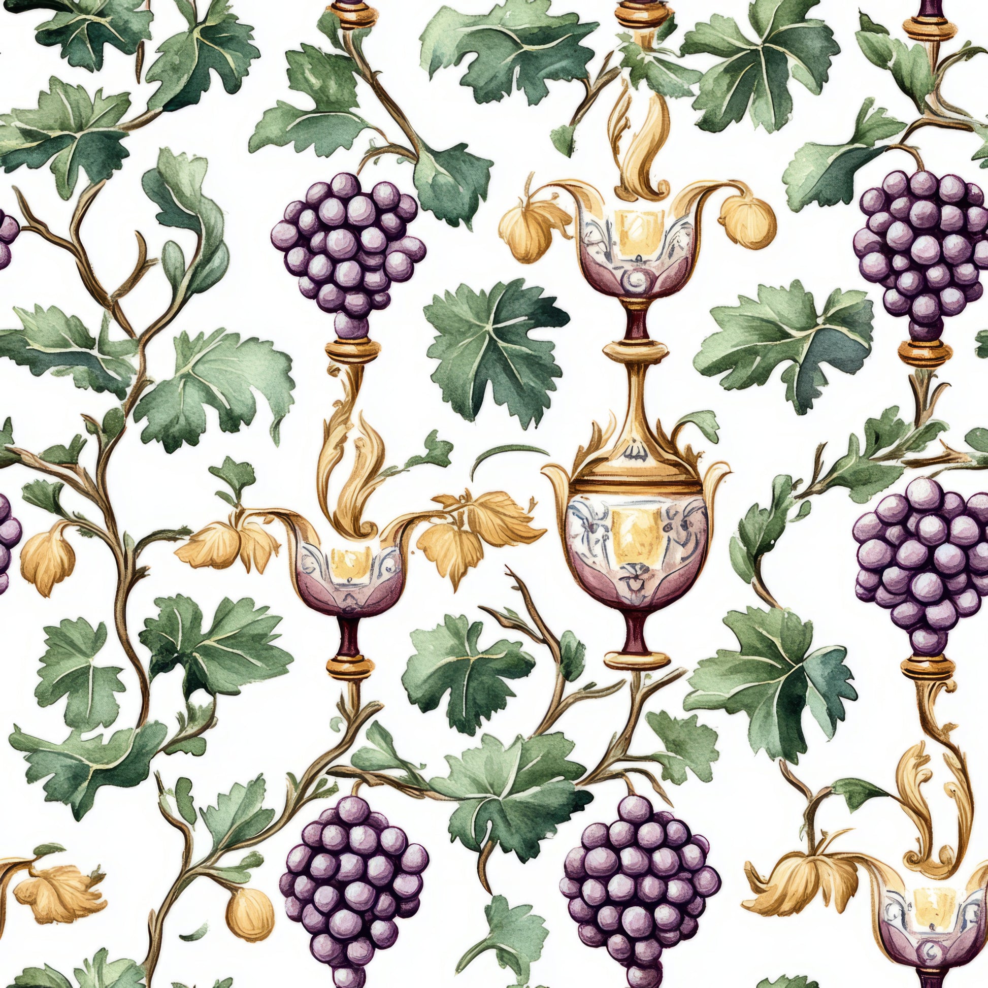 purple grapes, green leaves, wine goblets, grapevines, botanical pattern, watercolor style, white background, vineyard theme, ornate chalices, decorative scrollwork, quilting cotton, fabric panel, wine country, vintage vessels, grape clusters, foliage design, repeating pattern, elegant motifs, winery decor, golden accents