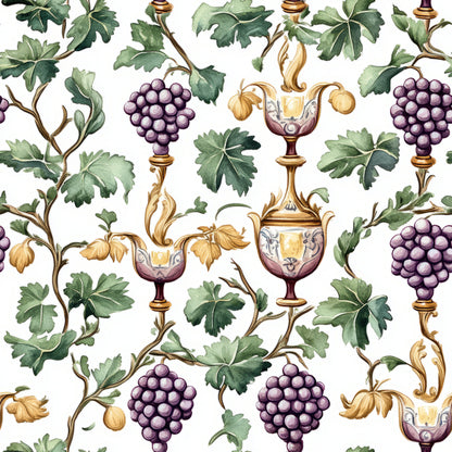 purple grapes, green leaves, wine goblets, grapevines, botanical pattern, watercolor style, white background, vineyard theme, ornate chalices, decorative scrollwork, quilting cotton, fabric panel, wine country, vintage vessels, grape clusters, foliage design, repeating pattern, elegant motifs, winery decor, golden accents