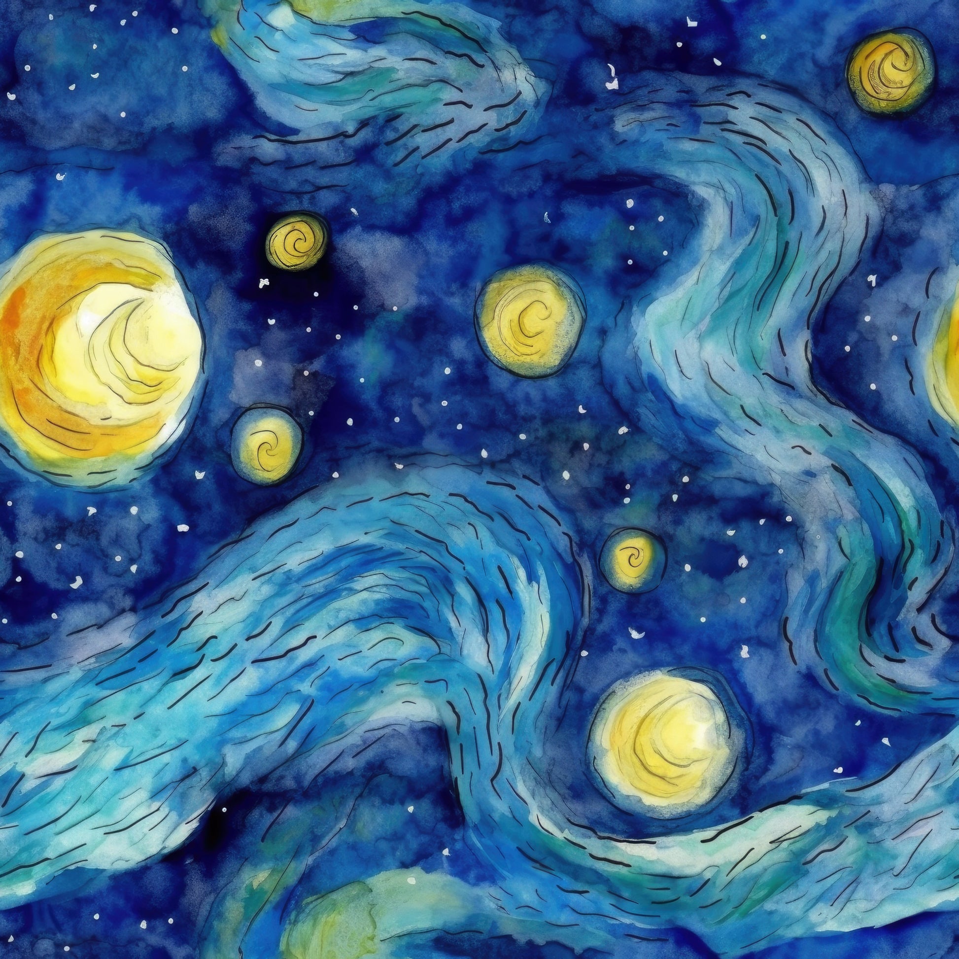 starry night, swirling clouds, yellow stars, deep blue, navy blue, turquoise, celestial scene, night sky, van gogh inspired, post-impressionist style, spiral patterns, luminous moon, twinkling stars, dreamy atmosphere, quilting cotton, fabric panel, artistic design, cosmic theme, flowing brushstrokes, ethereal mood