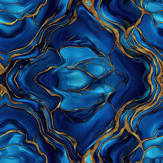 royal blue, navy blue, turquoise, gold, metallic gold, agate pattern, marble effect, swirled design, geode inspired, flowing lines, organic shapes, luxurious, elegant, quilting cotton, fabric panel, mineral pattern, natural stone, fluid design, abstract pattern, shimmering accents
