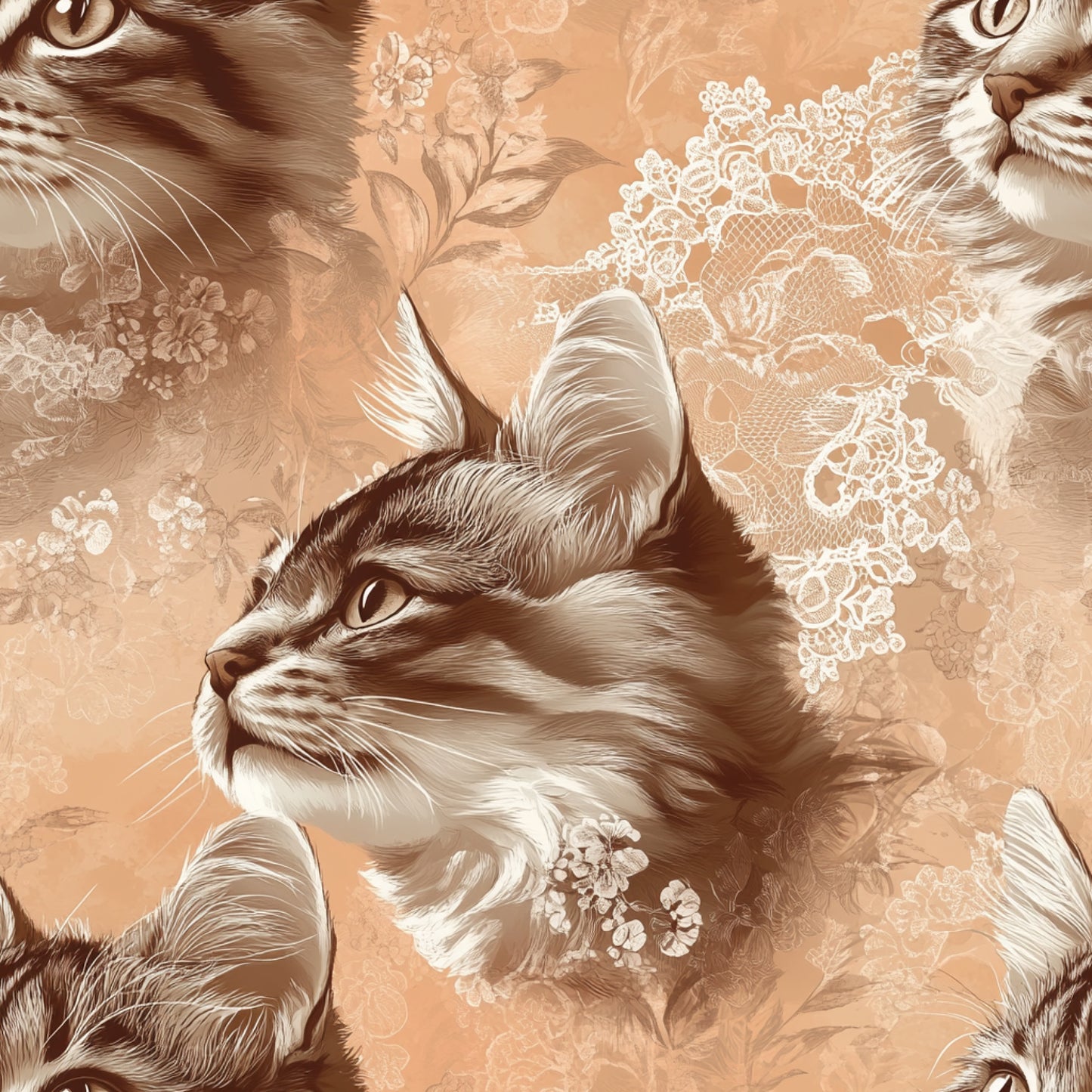 vintage cats, lace patterns, quilting cotton, fabric panel, sepia tones, warm brown, cream colors, tabby cats, floral motifs, ornate lace, realistic cats, nostalgic style, decorative florals, intricate details, soft palette, feline portraits, romantic aesthetic, detailed illustration, crafting fabric, sewing material