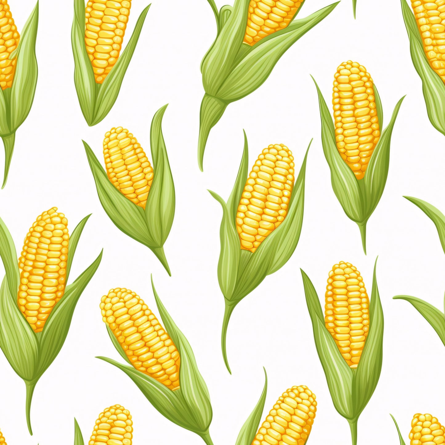 sweet corn, corn cobs, yellow kernels, golden yellow, bright green, green husks, corn leaves, vegetable pattern, food motif, harvest theme, farming imagery, agricultural design, botanical illustration, repeating pattern, seamless design, quilting cotton, fabric panel, summer produce, corn stalks, realistic artwork