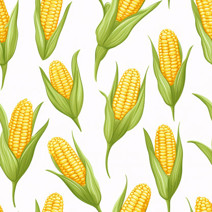 sweet corn, corn cobs, yellow kernels, golden yellow, bright green, green husks, corn leaves, vegetable pattern, food motif, harvest theme, farming imagery, agricultural design, botanical illustration, repeating pattern, seamless design, quilting cotton, fabric panel, summer produce, corn stalks, realistic artwork