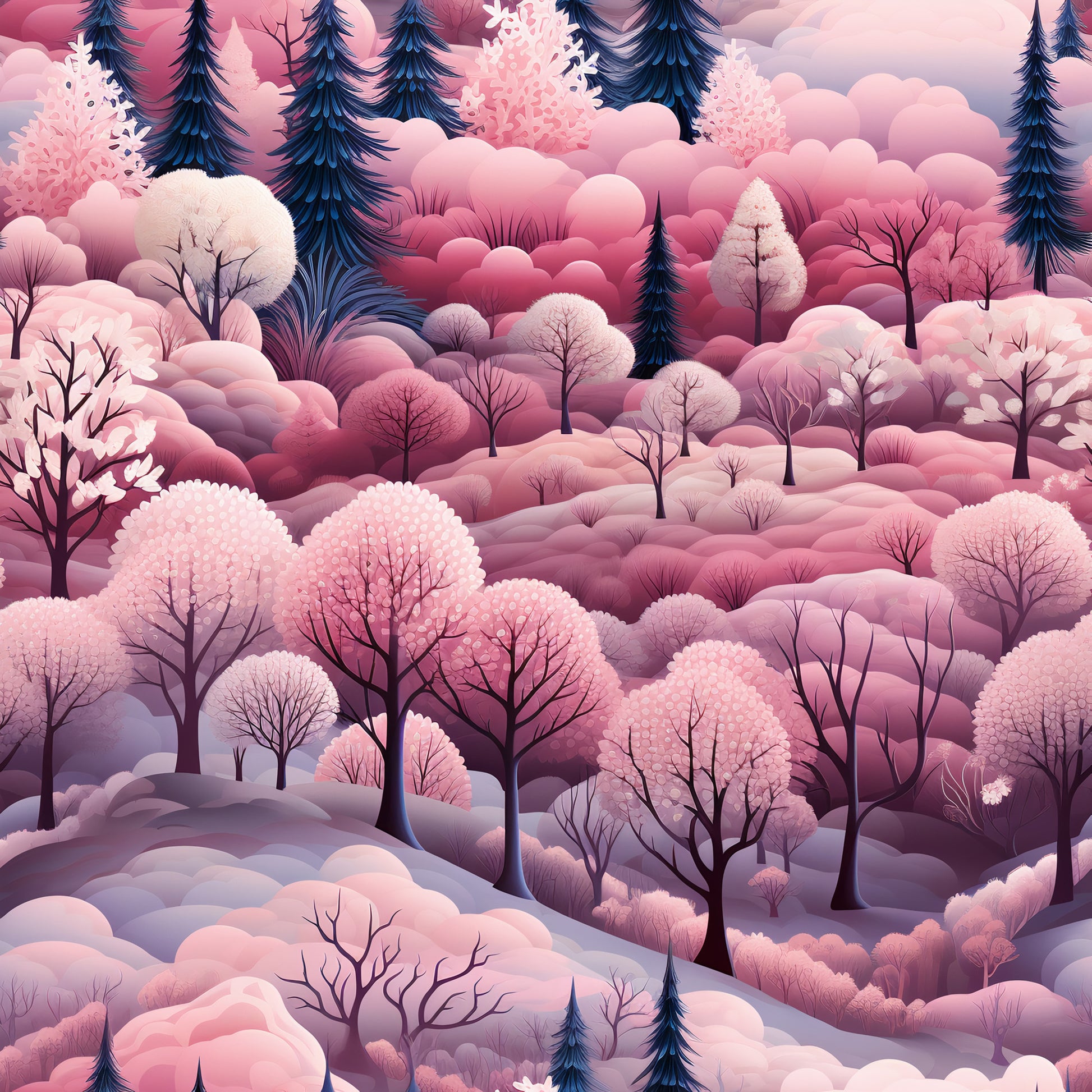 pink, coral, mauve, purple, navy blue, winter forest, snow covered trees, evergreen trees, deciduous trees, rolling hills, whimsical landscape, dreamy scenery, soft pastels, quilting cotton, fabric panel, winter wonderland, christmas theme, stylized illustration, serene mood, nature scene