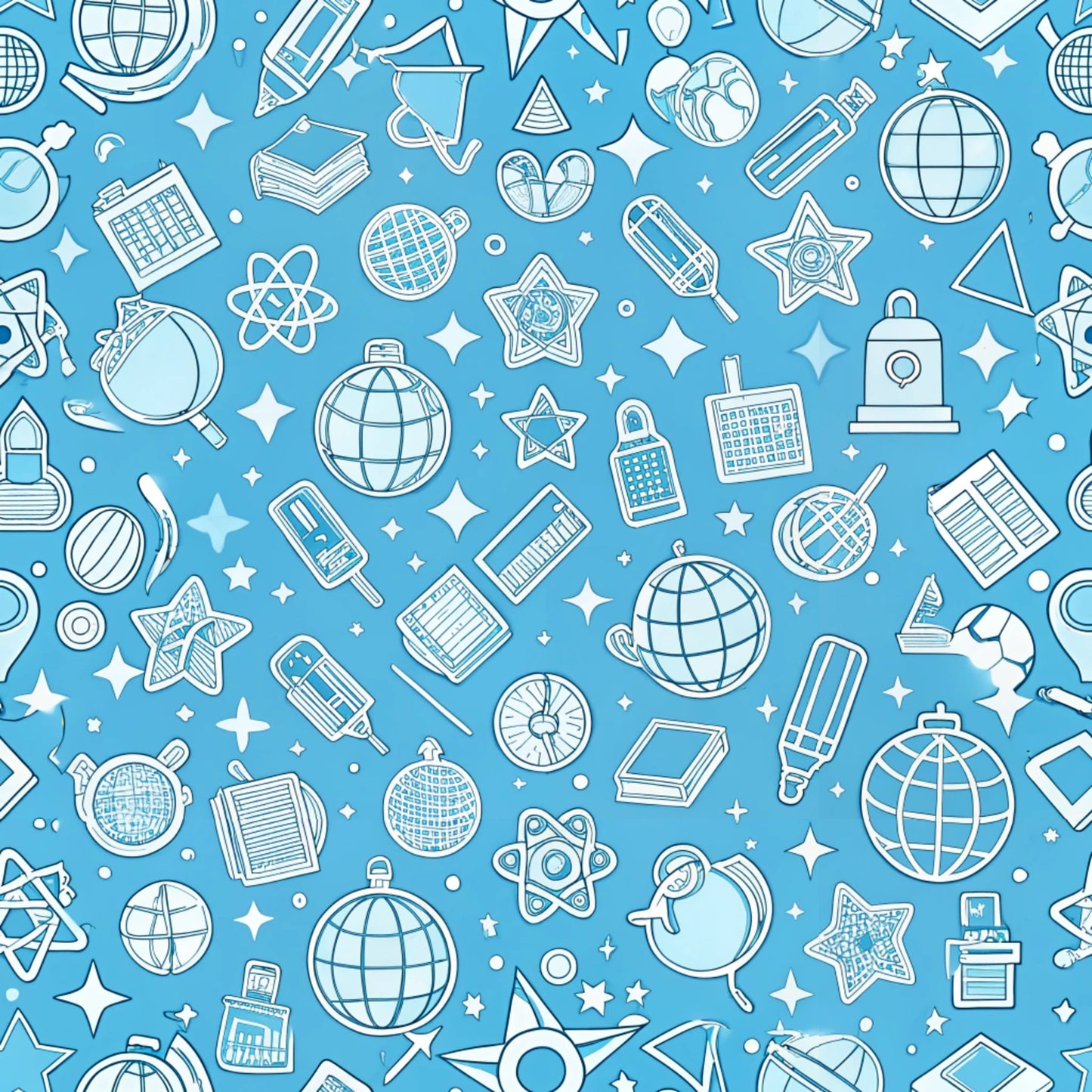 sky blue, white, education icons, school supplies, globes, books, calculators, magnifying glass, atomic symbols, stars, geometric shapes, seamless pattern, line art style, outlined illustrations, quilting cotton, fabric panel, back to school, academic theme, science motifs, scattered design
