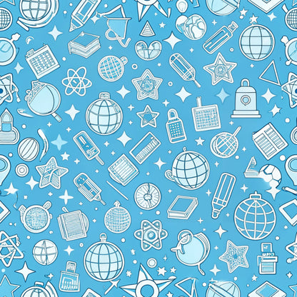 sky blue, white, education icons, school supplies, globes, books, calculators, magnifying glass, atomic symbols, stars, geometric shapes, seamless pattern, line art style, outlined illustrations, quilting cotton, fabric panel, back to school, academic theme, science motifs, scattered design