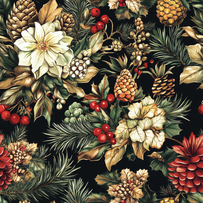 christmas pinecones, quilting cotton, fabric panel, pine needles, red berries, cream flowers, holly leaves, winter botanicals, forest green, golden brown, burgundy red, ivory white, seasonal pattern, holiday motif, natural elements, evergreen branches, festive design, botanical illustration, winter foliage, decorative berries