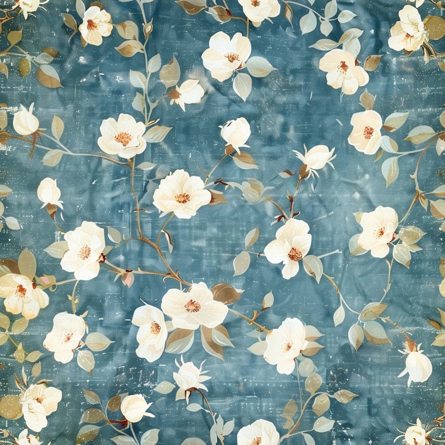 vintage floral, blue background, white flowers, cream blooms, sage green leaves, brown stems, distressed texture, botanical pattern, shabby chic, farmhouse style, quilting cotton, fabric panel, rustic flowers, muted tones, romantic florals, weathered background, cottage core, soft pastels, branching vines, delicate petals