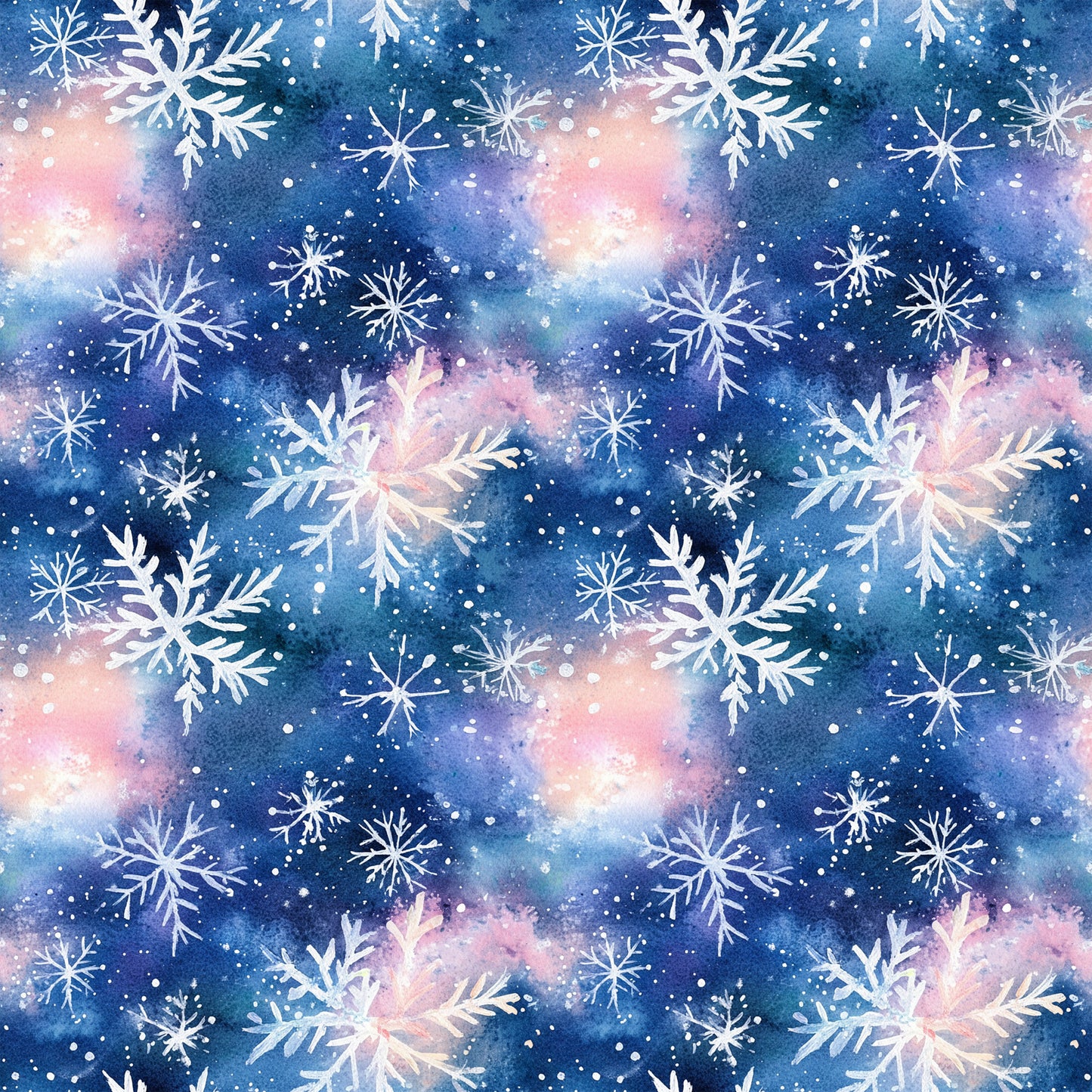 watercolor, blue, pink, purple, snowflakes, winter pattern, christmas fabric, quilting cotton, fabric panel, galaxy background, cosmic colors, repeating pattern, holiday theme, winter wonderland, delicate snowflakes, soft pastels, dreamy atmosphere, seasonal design, cotton fabric, crafting material