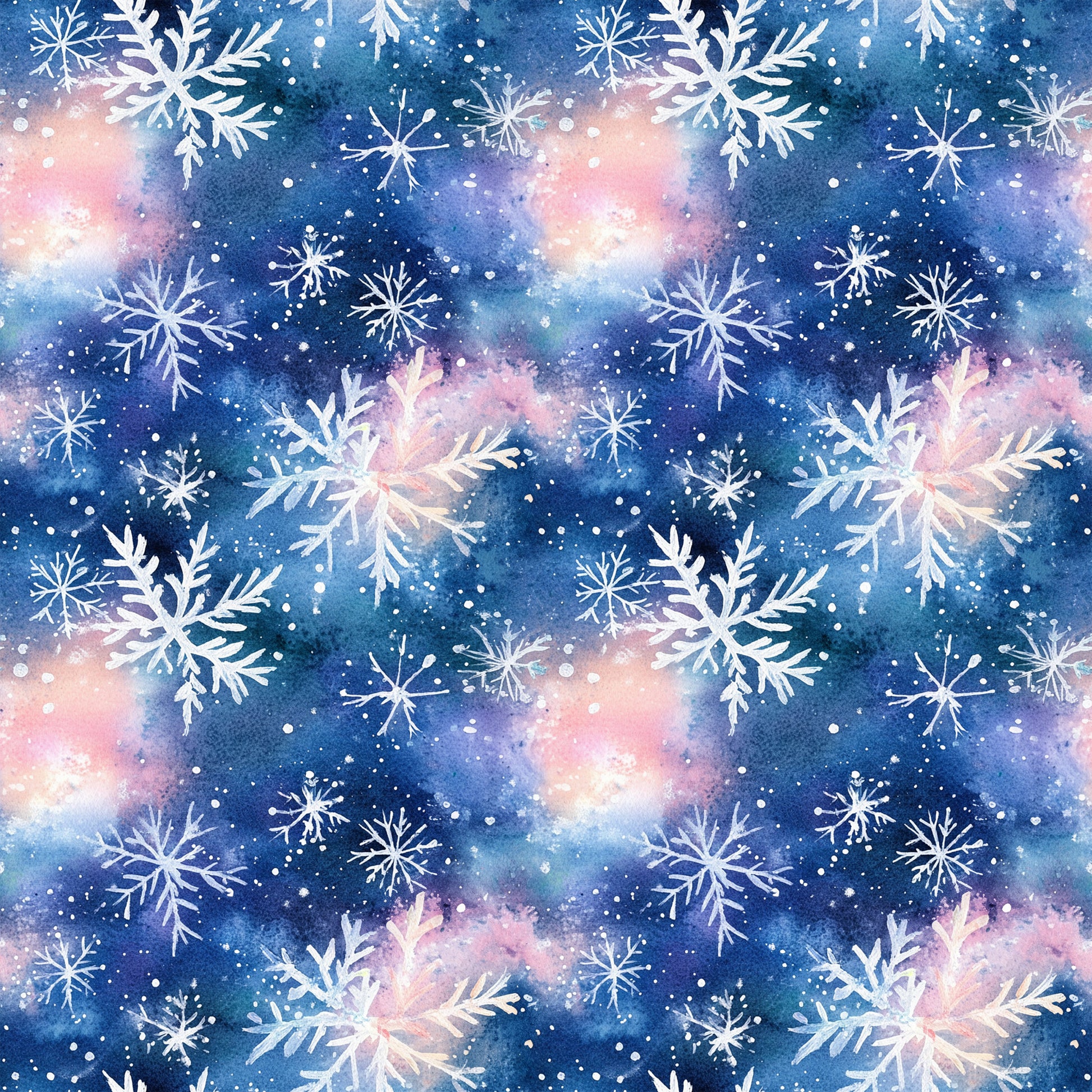 watercolor, blue, pink, purple, snowflakes, winter pattern, christmas fabric, quilting cotton, fabric panel, galaxy background, cosmic colors, repeating pattern, holiday theme, winter wonderland, delicate snowflakes, soft pastels, dreamy atmosphere, seasonal design, cotton fabric, crafting material