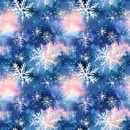 watercolor, blue, pink, purple, snowflakes, winter pattern, christmas fabric, quilting cotton, fabric panel, galaxy background, cosmic colors, repeating pattern, holiday theme, winter wonderland, delicate snowflakes, soft pastels, dreamy atmosphere, seasonal design, cotton fabric, crafting material