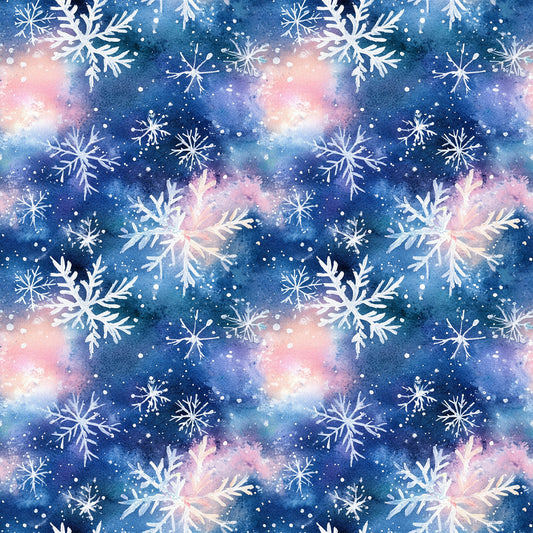 watercolor, blue, pink, purple, snowflakes, winter pattern, christmas fabric, quilting cotton, fabric panel, galaxy background, cosmic colors, repeating pattern, holiday theme, winter wonderland, delicate snowflakes, soft pastels, dreamy atmosphere, seasonal design, cotton fabric, crafting material