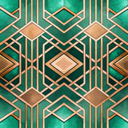 emerald green, copper, gold, bronze, art deco, geometric pattern, diamond shapes, square motifs, symmetrical design, luxury aesthetic, metallic accents, angular lines, repeating pattern, quilting cotton, fabric panel, sophisticated design, jewel tones, ornate geometry, decorative elements, vintage style