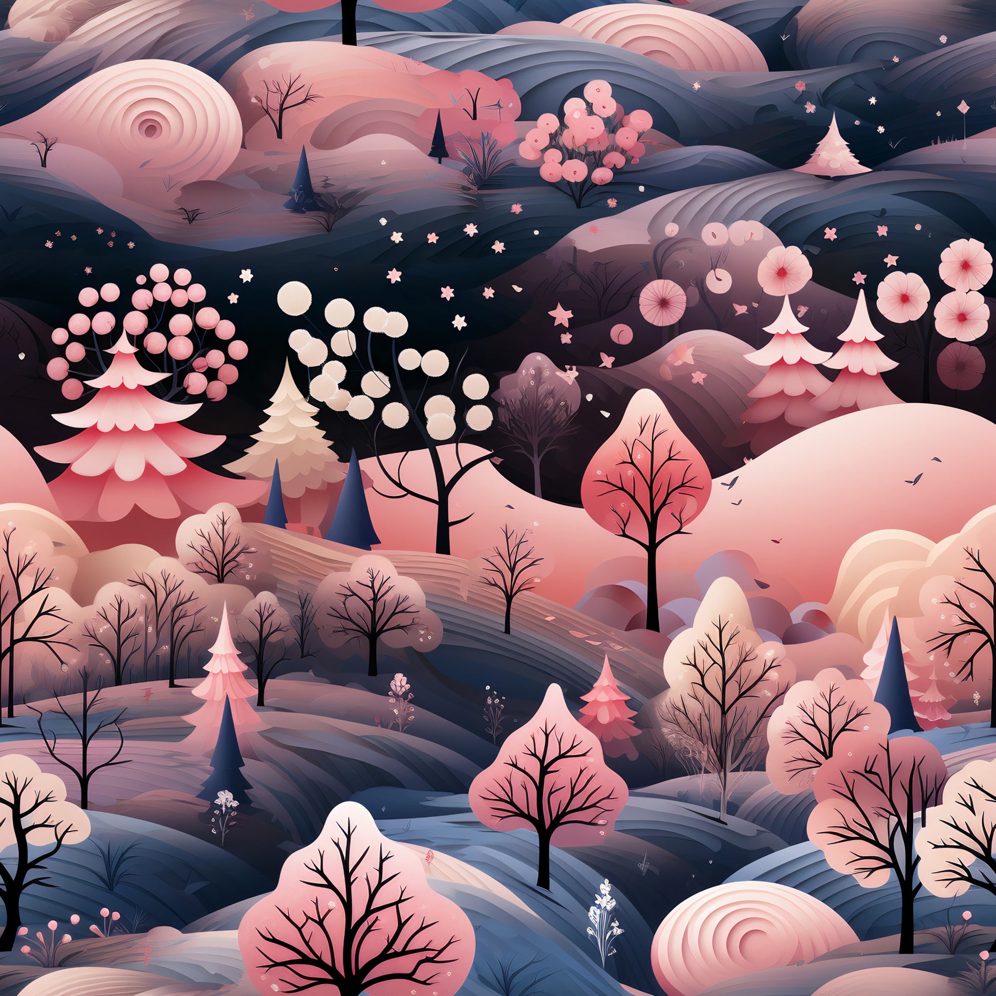 pink, coral, navy blue, winter landscape, rolling hills, bare trees, evergreen trees, cherry blossoms, stylized flowers, geometric patterns, whimsical illustration, dreamy atmosphere, quilting cotton, fabric panel, winter wonderland, layered design, soft pastels, nature scene, decorative elements, modern art style