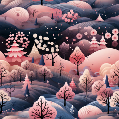 pink, coral, navy blue, winter landscape, rolling hills, bare trees, evergreen trees, cherry blossoms, stylized flowers, geometric patterns, whimsical illustration, dreamy atmosphere, quilting cotton, fabric panel, winter wonderland, layered design, soft pastels, nature scene, decorative elements, modern art style