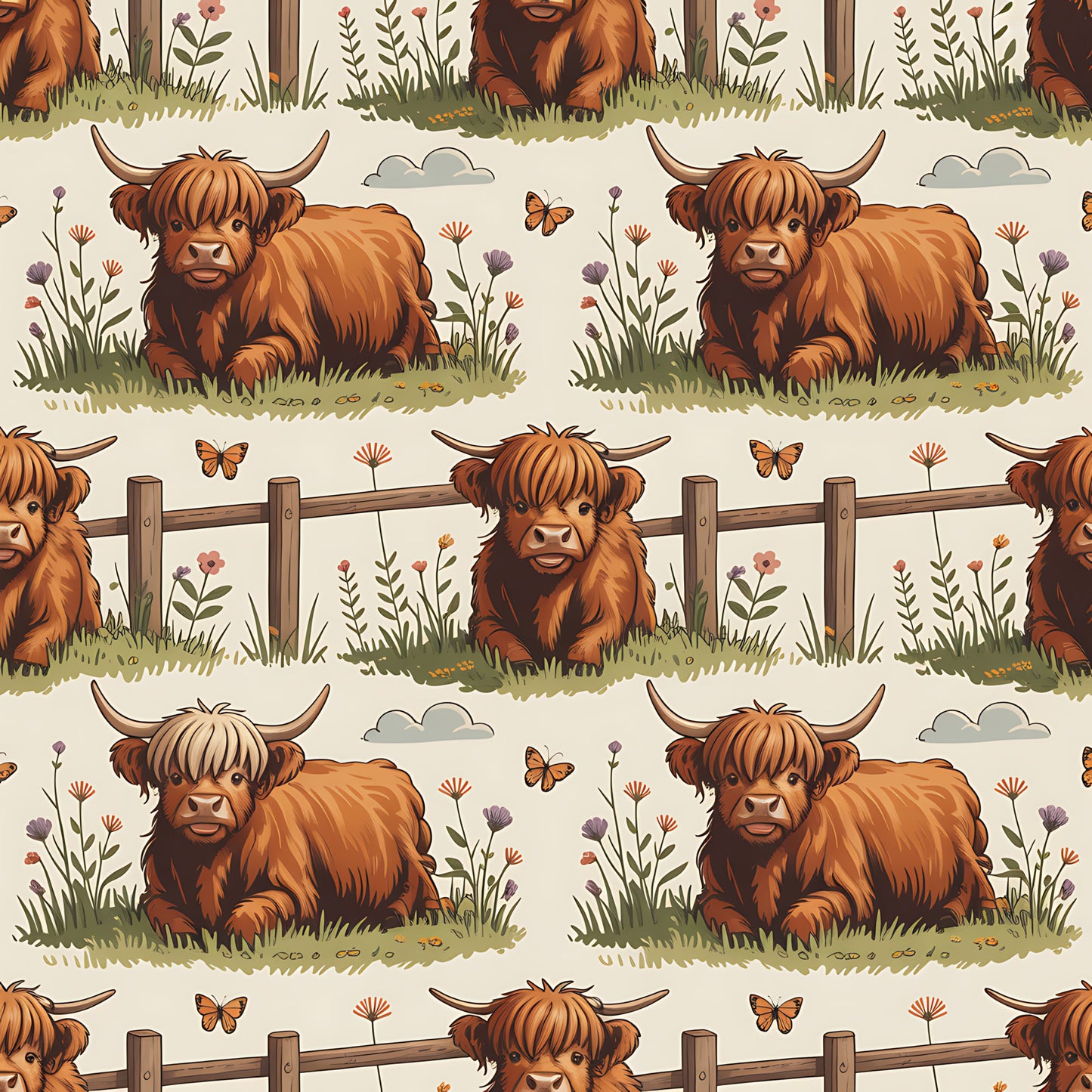 Cartoon Highland Cows Pattern 6 Quilting Cotton Fabric