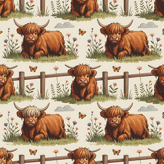 Cartoon Highland Cows Pattern 6 Quilting Cotton Fabric