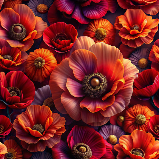 quilting cotton, fabric panel, realistic flowers, floral pattern, burgundy, coral, orange, purple, magenta, poppy flowers, layered petals, botanical design, warm colors, rich tones, detailed centers, overlapping blooms, vibrant hues, flower heads, artistic florals, seamless pattern