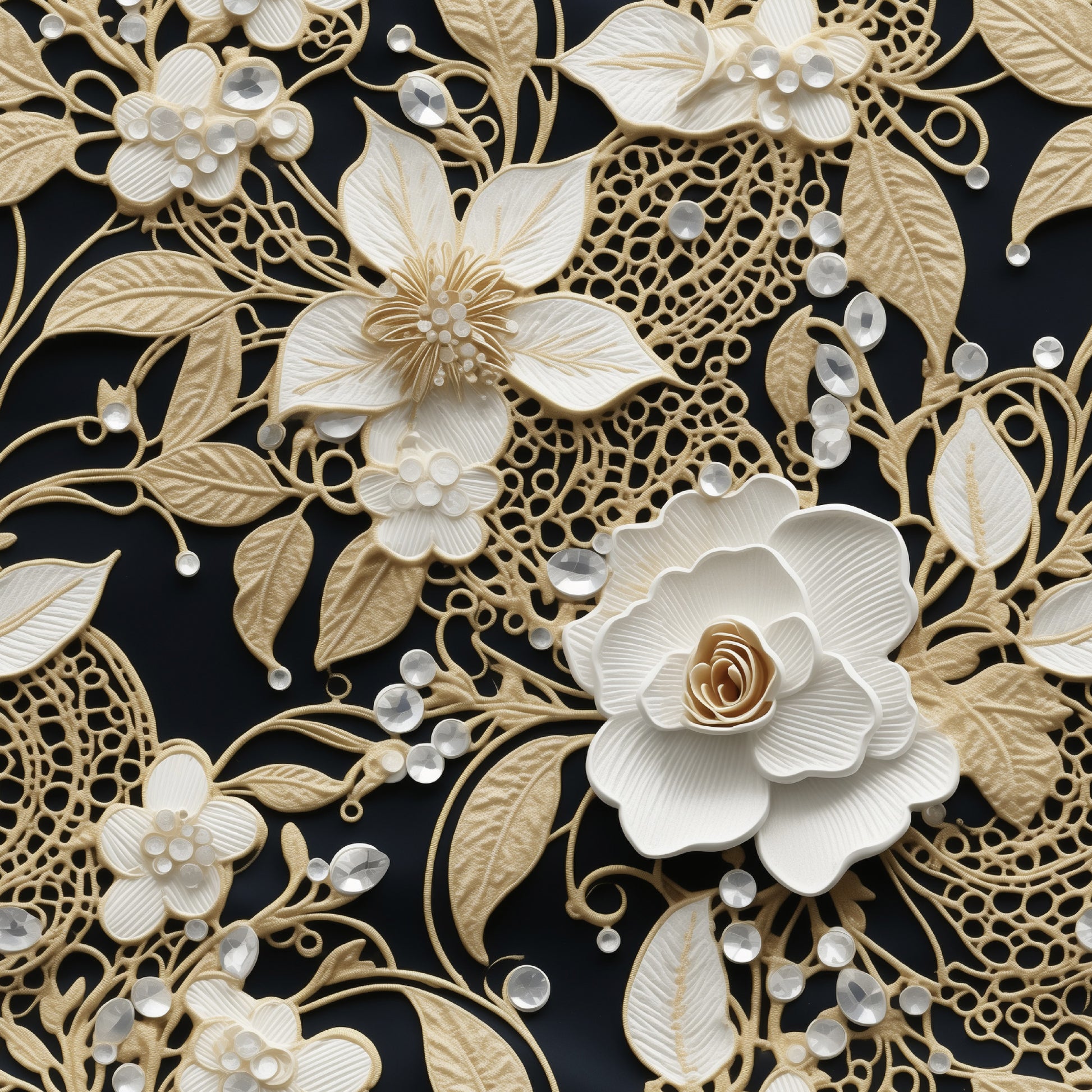 cream, ivory, black background, tatting lace, floral motifs, roses, leaves, vines, intricate lacework, delicate flowers, pearl accents, dimensional design, elegant pattern, vintage lace, ornate details, quilting cotton, fabric panel, botanical elements, layered petals, decorative swirls