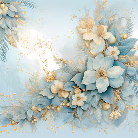 Light Blue and Gold Christmas Fabric Panel 16