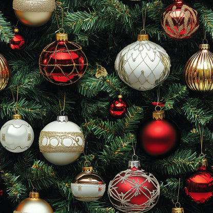 christmas ornaments, red baubles, gold ornaments, white ornaments, evergreen branches, pine needles, festive decorations, holiday pattern, quilting cotton, fabric panel, geometric designs, metallic accents, ball ornaments, christmas tree branches, seasonal motif, winter theme, decorative baubles, ornate patterns, holiday crafting, realistic style