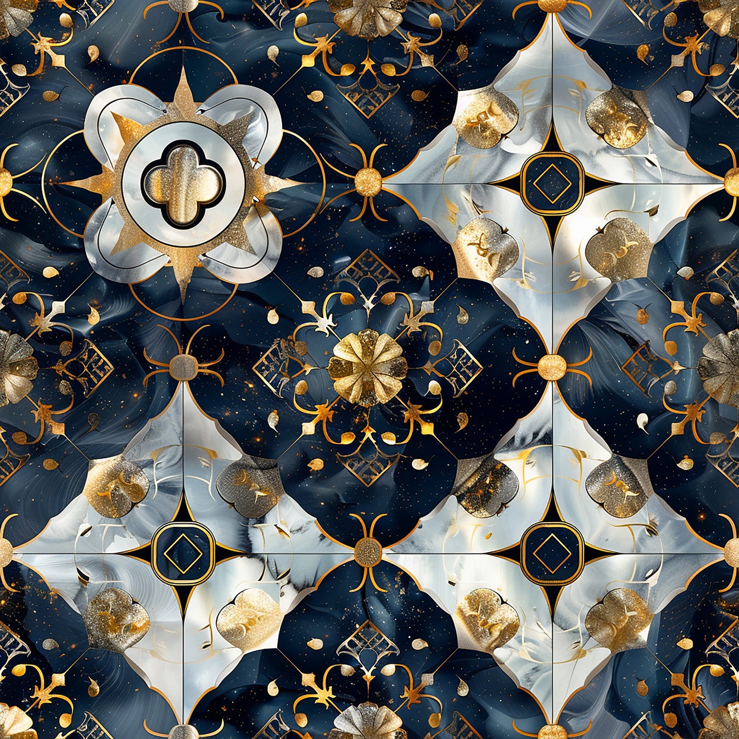 navy blue, gold, white, baroque pattern, celestial design, ornate motifs, decorative flourishes, geometric shapes, star patterns, quilting cotton, fabric panel, luxurious style, metallic accents, repeating pattern, ornamental design, regal aesthetic, cosmic theme, intricate details, elegant motifs
