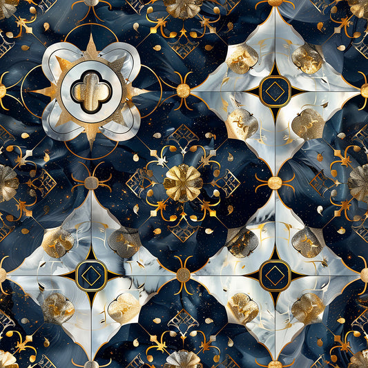 navy blue, gold, white, baroque pattern, celestial design, ornate motifs, decorative flourishes, geometric shapes, star patterns, quilting cotton, fabric panel, luxurious style, metallic accents, repeating pattern, ornamental design, regal aesthetic, cosmic theme, intricate details, elegant motifs