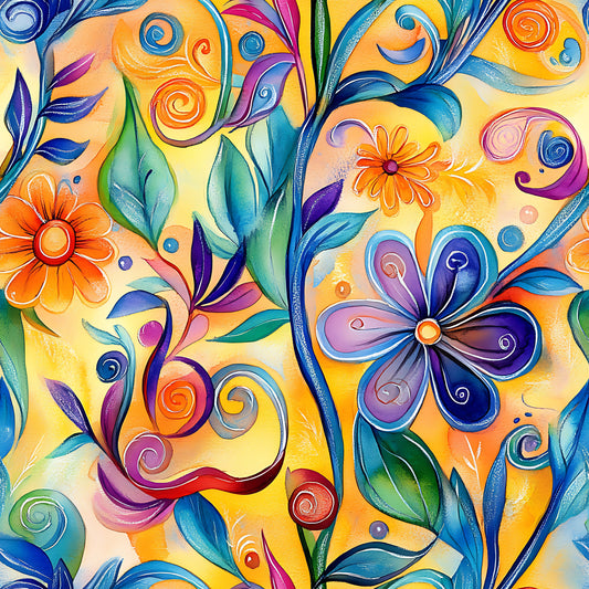 orange, yellow, blue, purple, green, pink, abstract floral, swirls, spirals, decorative flowers, whimsical blooms, flowing vines, curving stems, vibrant colors, watercolor style, artistic pattern, quilting cotton, fabric panel, contemporary art, playful design, botanical motifs