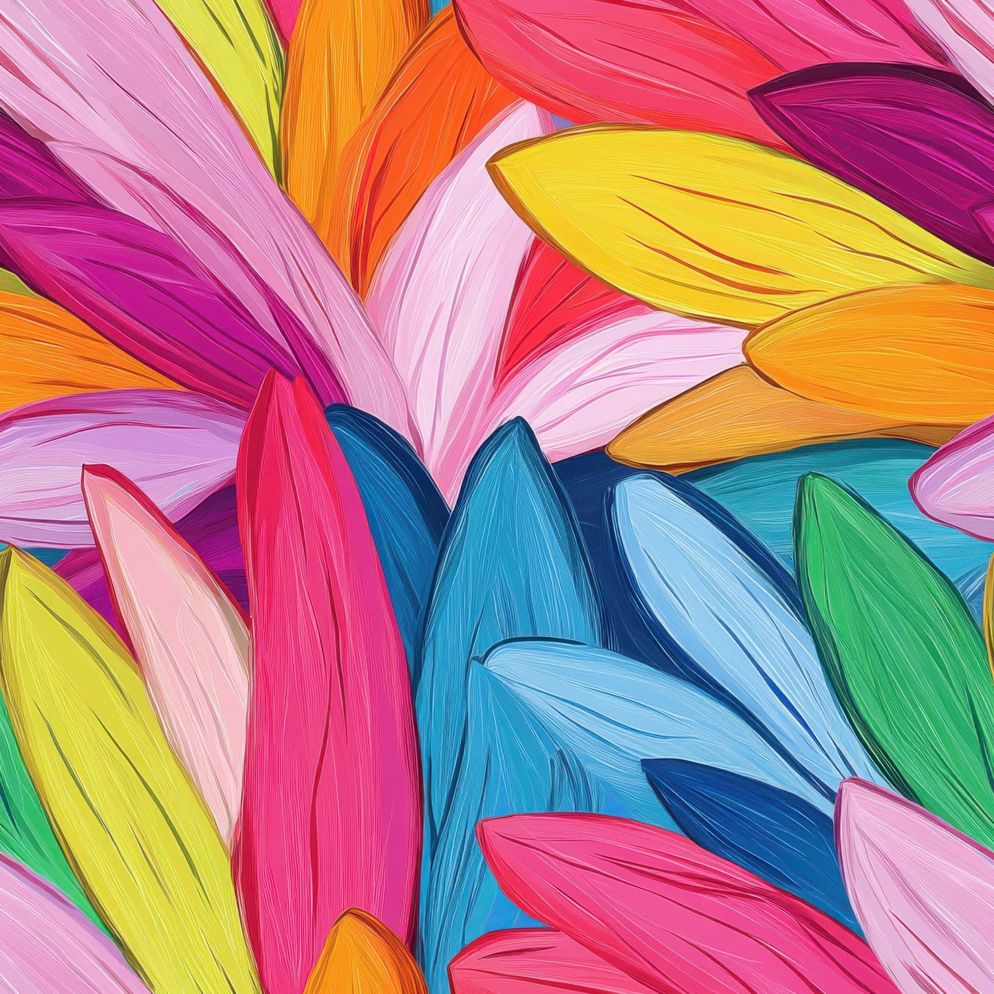 vibrant petals, tropical leaves, botanical design, bright pink, electric blue, sunshine yellow, coral orange, lime green, magenta, turquoise, flowing brushstrokes, organic shapes, floral motif, contemporary art style, quilting cotton, fabric panel, summer vibes, nature inspired, painterly effect, colorful foliage