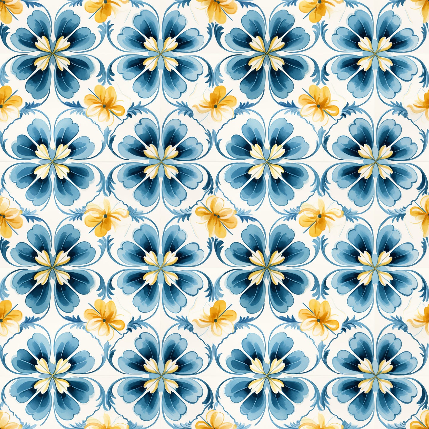 blue, yellow, white, floral motifs, hand painted tiles, mediterranean style, decorative flowers, geometric pattern, repeating design, watercolor effect, quilting cotton, fabric panel, botanical elements, tile inspired, azure blue, golden yellow, ornamental pattern, seamless repeat, artistic florals, crafting fabric