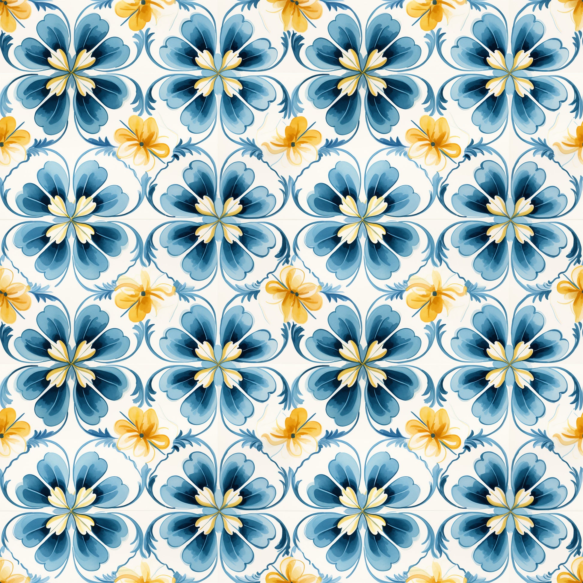 blue, yellow, white, floral motifs, hand painted tiles, mediterranean style, decorative flowers, geometric pattern, repeating design, watercolor effect, quilting cotton, fabric panel, botanical elements, tile inspired, azure blue, golden yellow, ornamental pattern, seamless repeat, artistic florals, crafting fabric