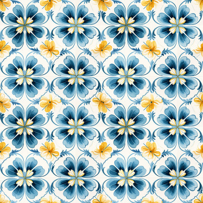 blue, yellow, white, floral motifs, hand painted tiles, mediterranean style, decorative flowers, geometric pattern, repeating design, watercolor effect, quilting cotton, fabric panel, botanical elements, tile inspired, azure blue, golden yellow, ornamental pattern, seamless repeat, artistic florals, crafting fabric